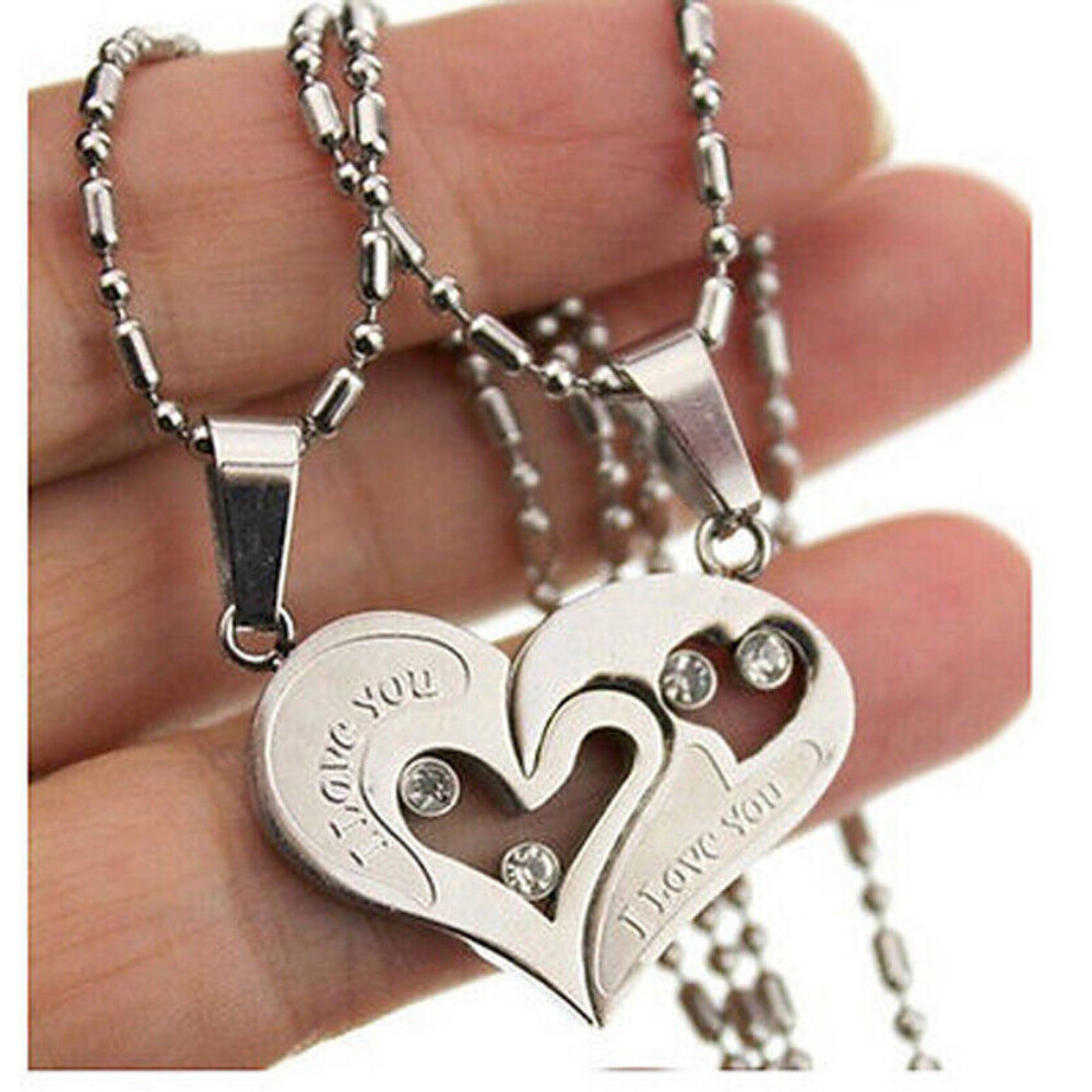 Mens Womens Couple Pendant Necklace His and Hers Gift Stainless Steel Love Heart
