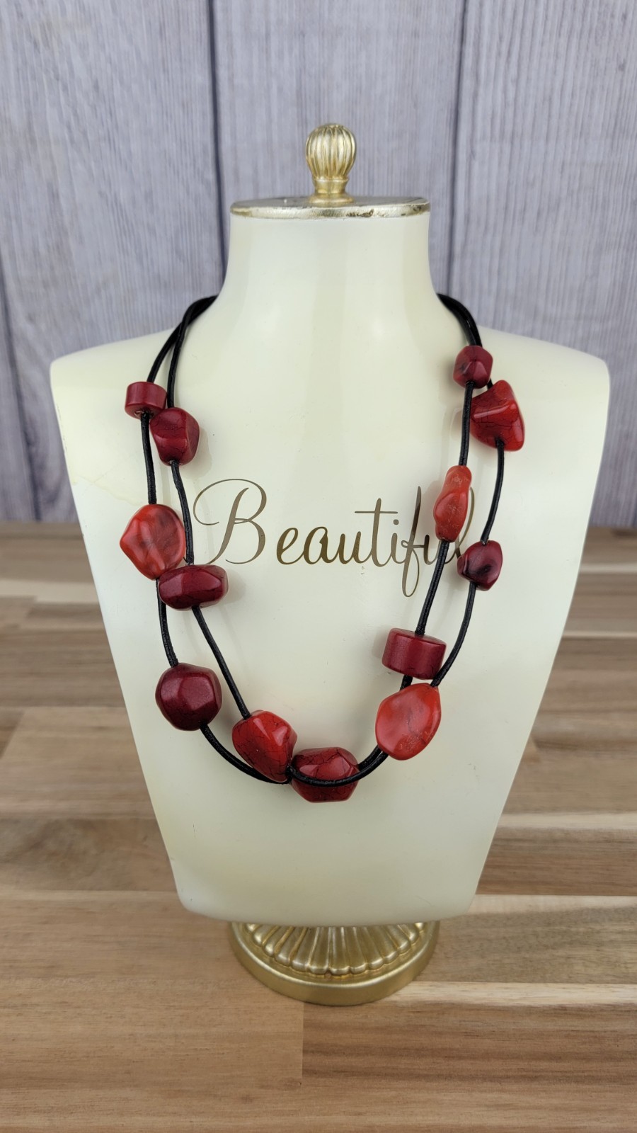 Chico’s Suspended Bead Double Strand Necklace Red 21 in.