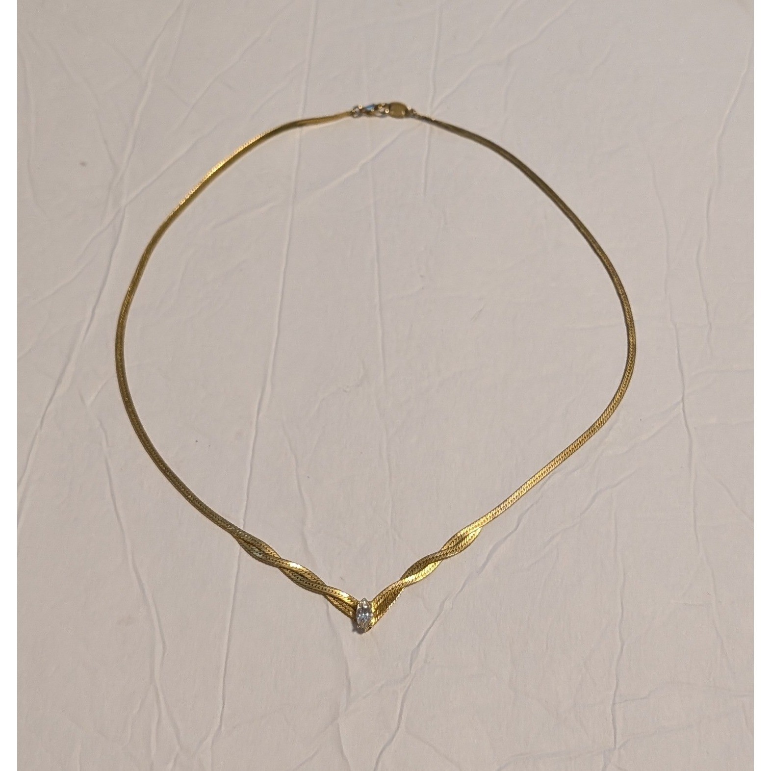 Vintage Gold Plated Herringbone Twisted V Necklace Marquise Crystal SP Signed