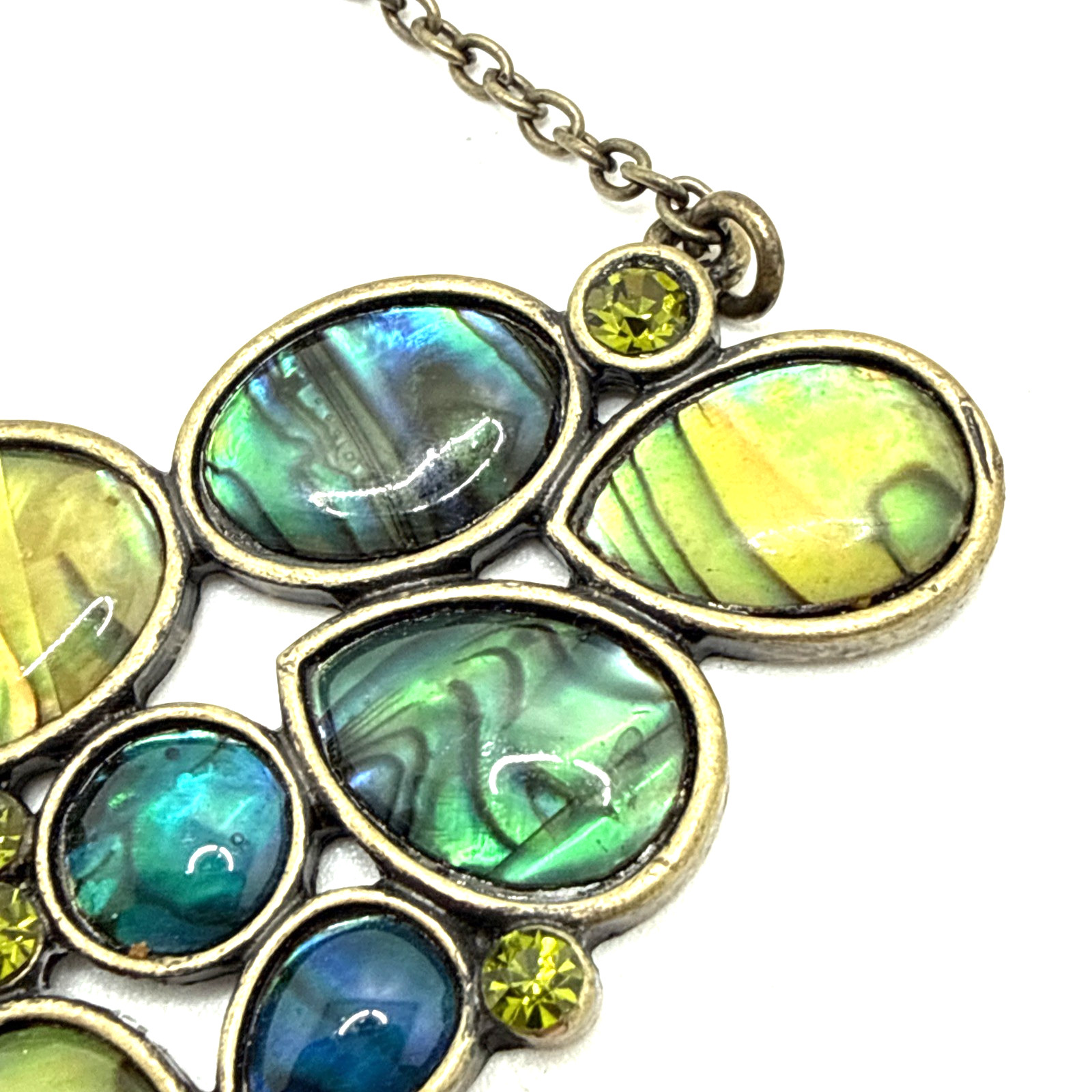 Abalone Pendant Necklace Bronze Tone Oval Cabs Green Rhinestone Accent 19″ – 22″