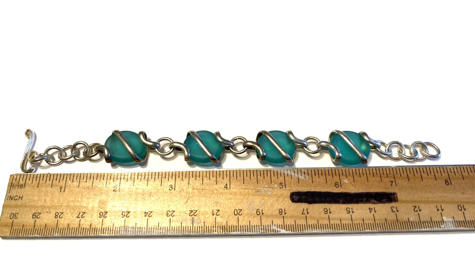 Bracelet Silver Tone Linked Wrapped Green Glass Hook Clasp