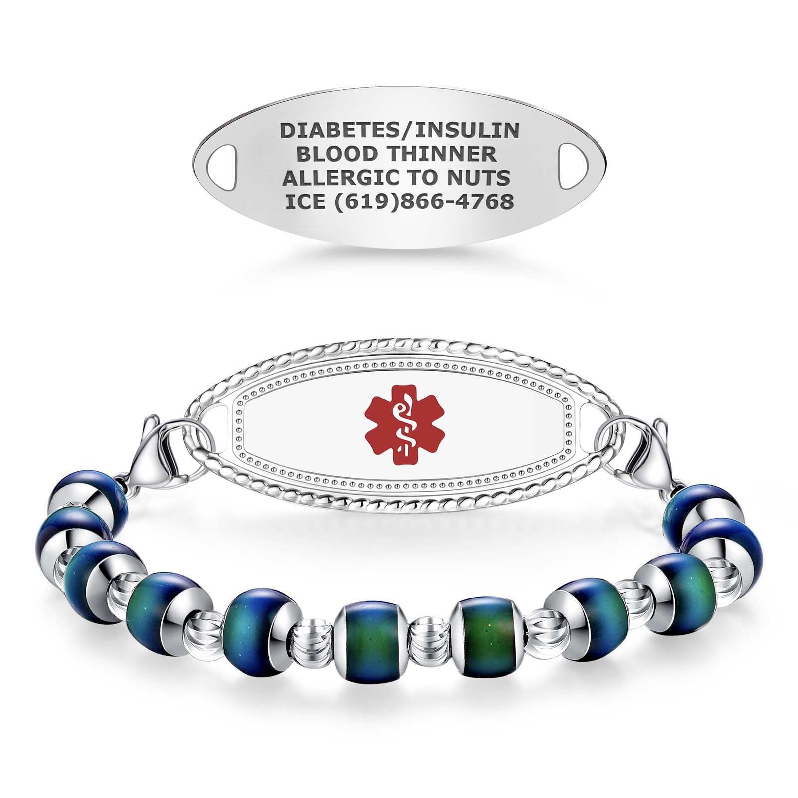 Divoti Custom Engraved Color Changing Mood Beaded Medical ID Bracelets for Women