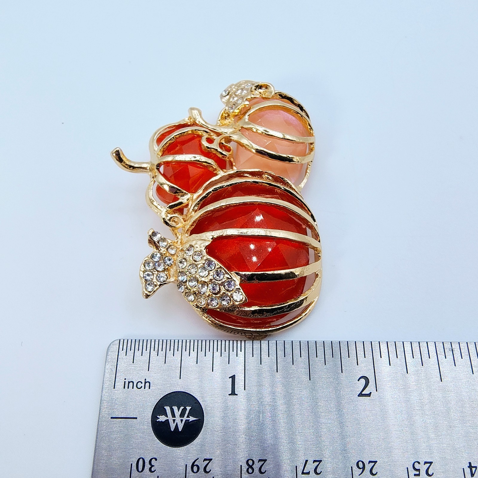 Triple Pumpkin Fall Harvest Brooch Pin Halloween Gold Tone Rhinestone Spooky