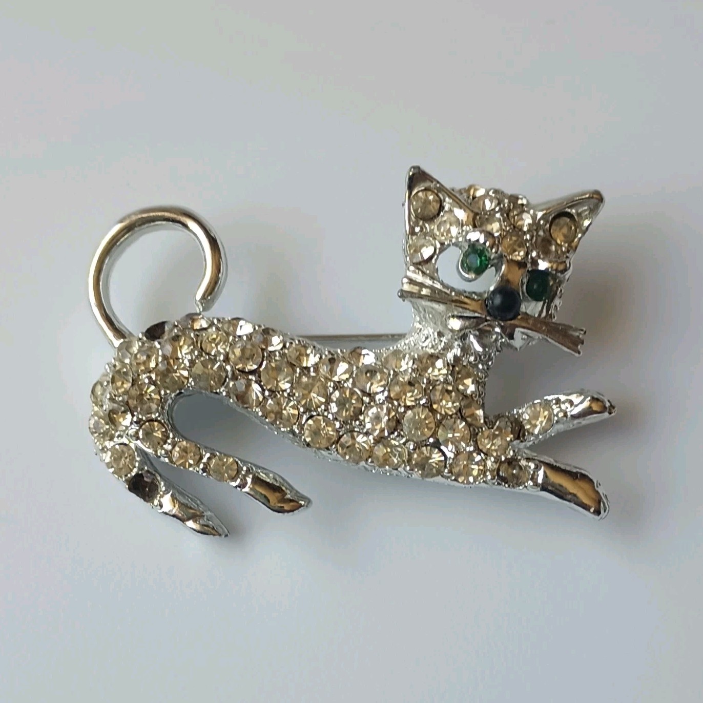 Vintage Cat Brooch Pin Silver & Gold Tone Clear Round Rhinestones Glass Eyes