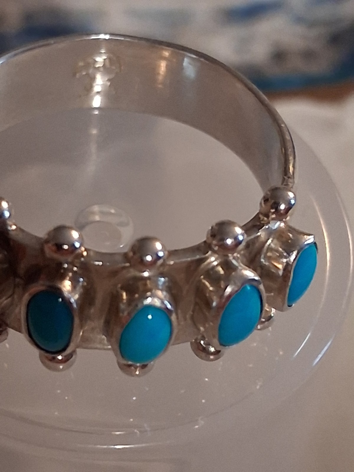 Silver Signed Silver Band Ring 5 Oval Blue Turquoise Stones Cluster Size 9
