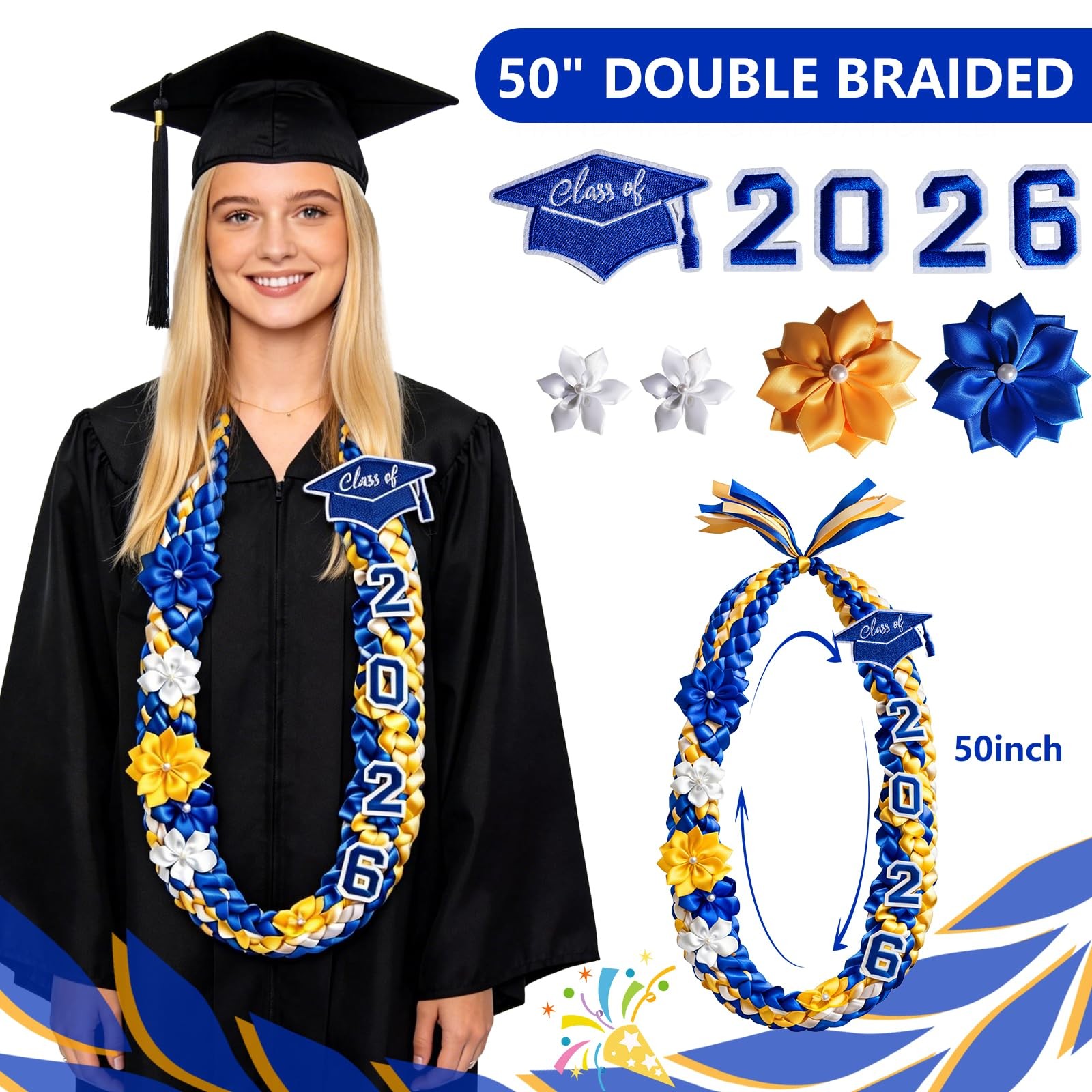 50” Graduation Lei 2026 Double Braided Ribbon Lei with 4 Satin Flowers, 2026 Gr