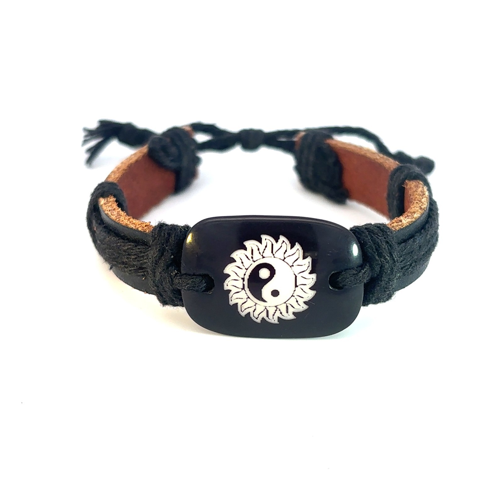Men’s Genuine Leather Bracelet Yin Yang Sun Charm Braided Cord Adjustable Boho