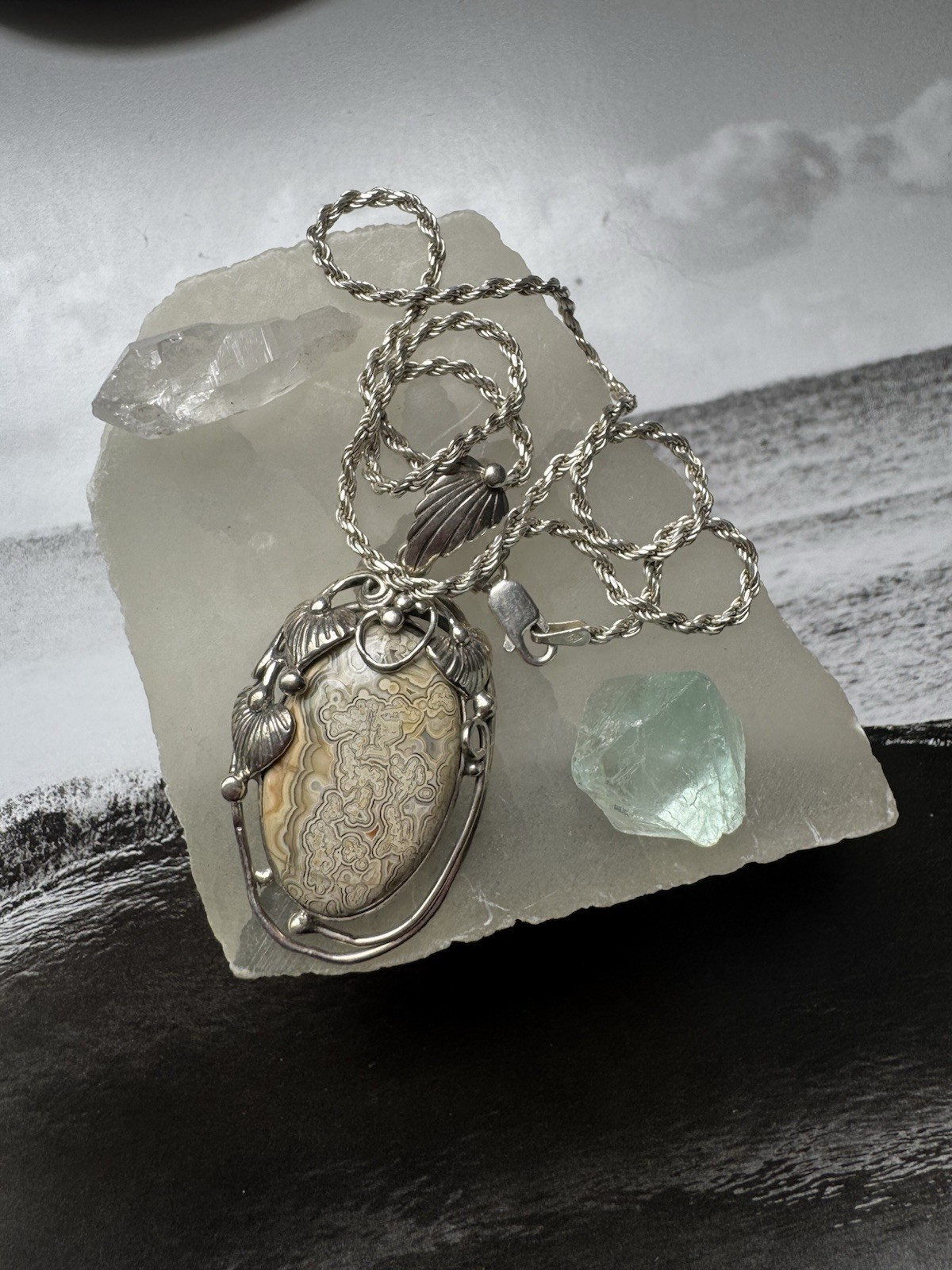 Vintage Sterling silver lace agate necklaces
