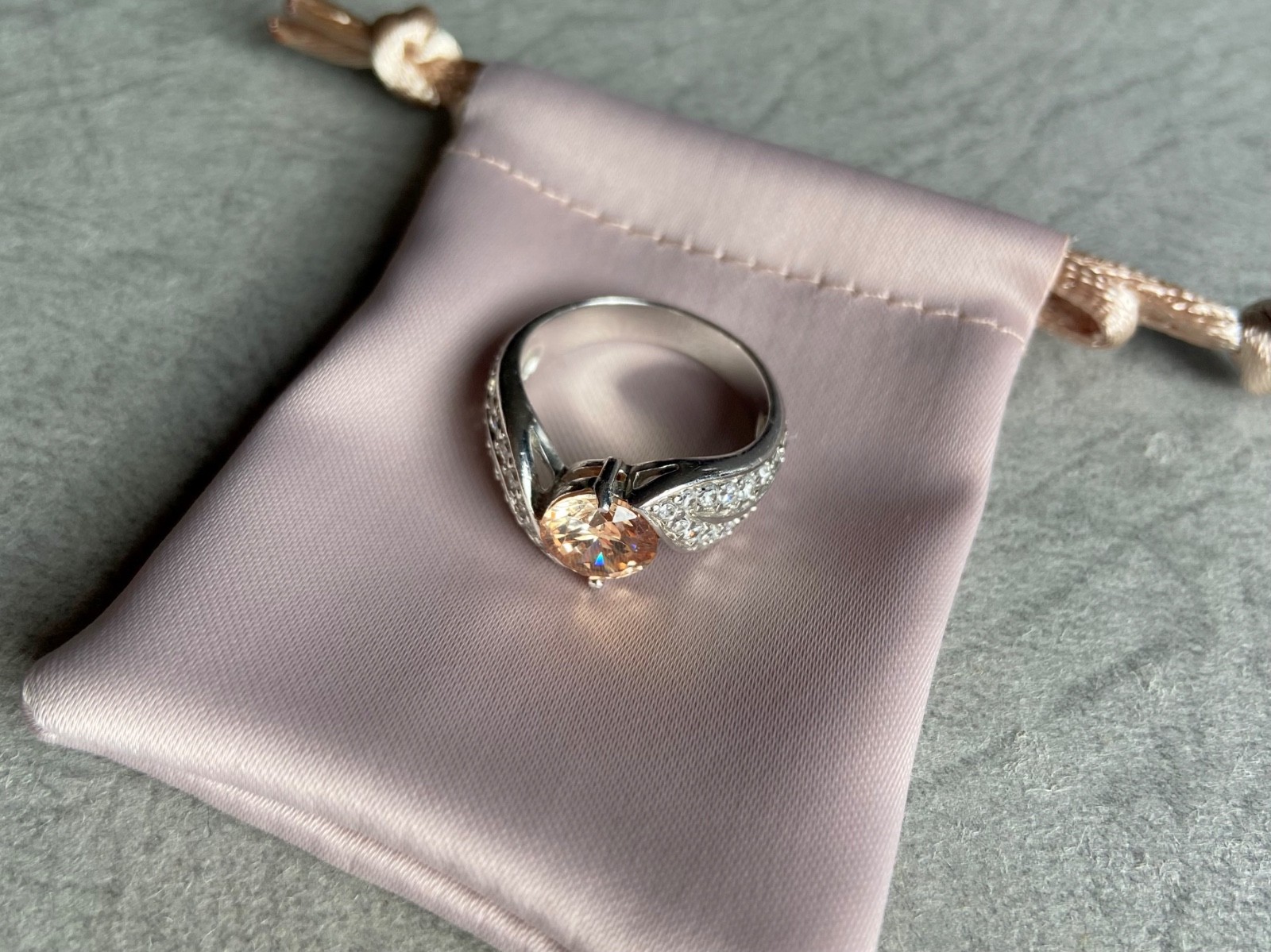 Sterling Silver Ring | Champagne CZ Centre & Clear Accents | UK Size P / 7½ /56