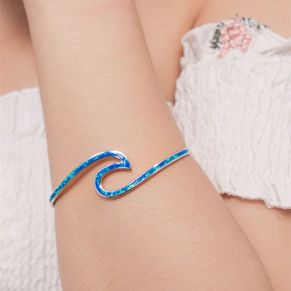 Hawaii Blue Opal Waves Cuff Bangles 925 Sterling Sliver Jewelry For Women Girls