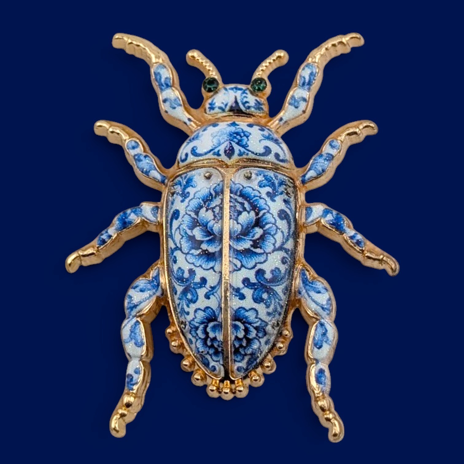 DELFT CHINA BLUE BEETLE BROOCH porcelain look imposter insect chinoiserie pin M2