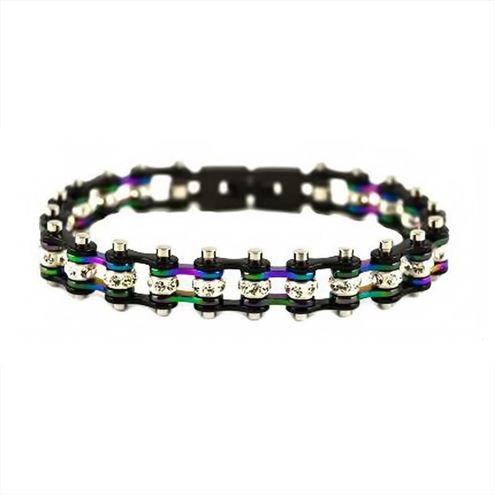 Ladies Stainless Steel Black / Multicolor Bling Mini Motorcycle Bracelet 134