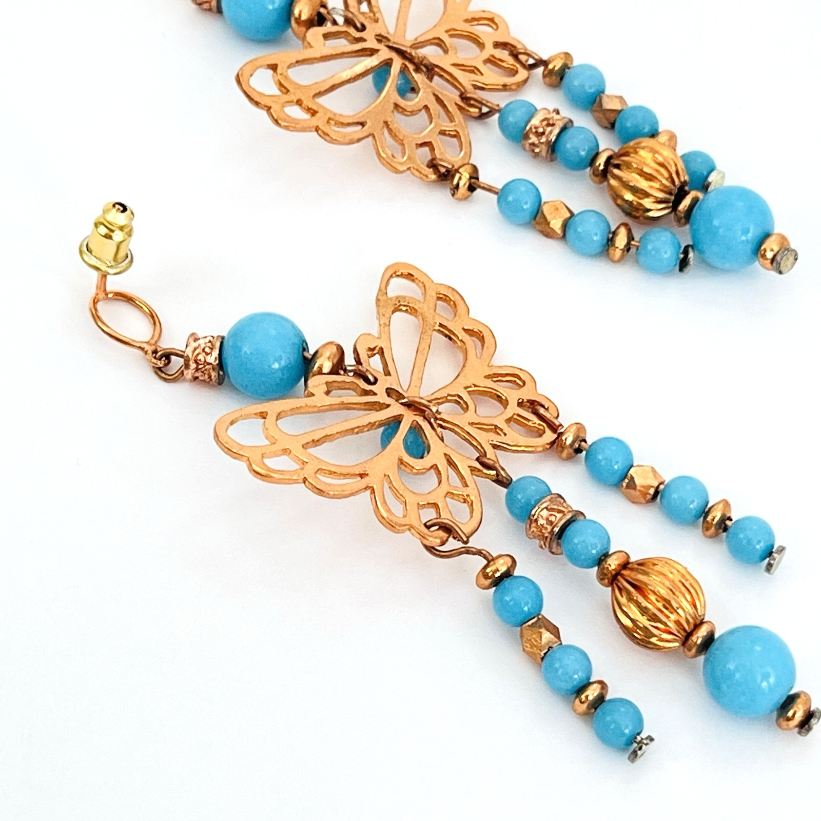 Blue Quartzite Stone Copper Butterfly Dangle Pierced Earrings Southwestern