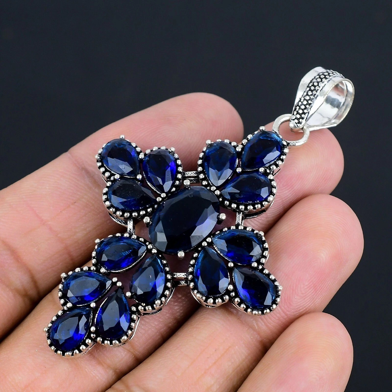 Sapphire (Lab-Created)Gemstone Handmade 925 Sterling Silver Jewelry Pendant 2.3″