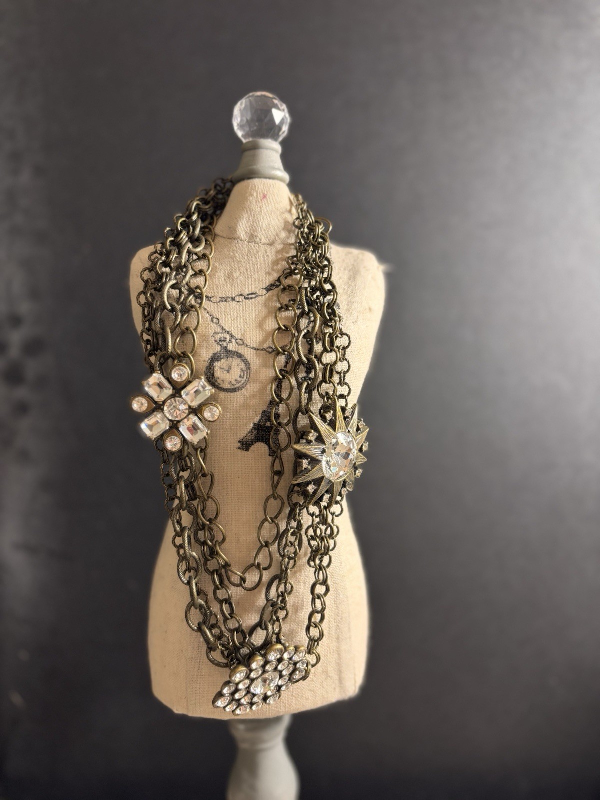 Antique Bronze Multi-Strand Layered Cable Chain Necklace Clear Rhinestone Charms