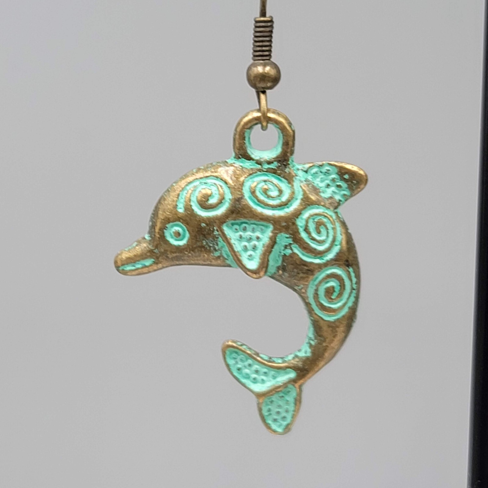 Dolphin Beach Sea life Pierced Earrings Bronze tone Green wash Dangle 1.25″