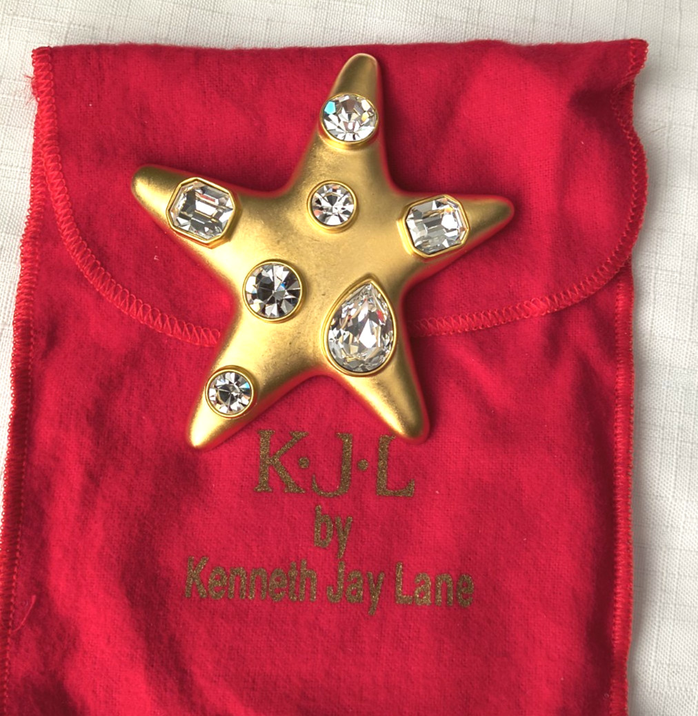 Signed JKL KENNETH JAY LANE Large Gold Tone with Crystals Starfish Pin 3 3/4″