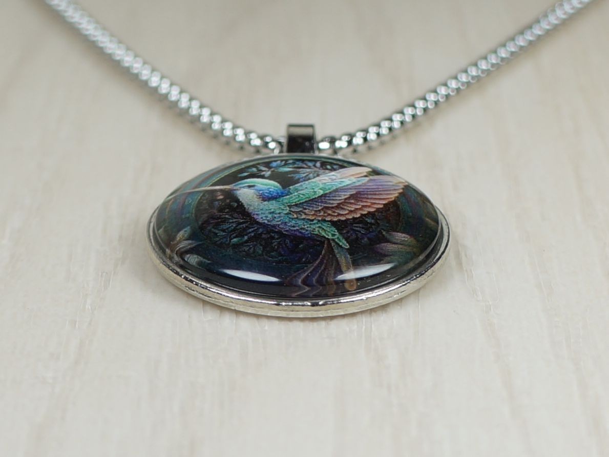 Intricate Blue Hummingbird Boho Pendant, Stainless Steel Necklace