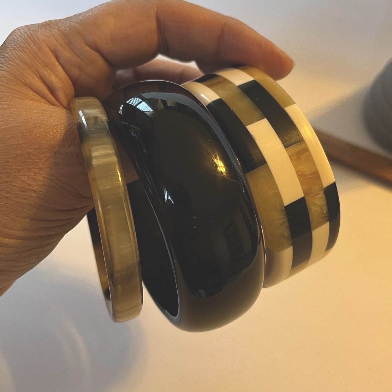 3 Resin Acrylic Bangles Laminated Inlay Black Domed Slim Marbled Retro Mod Stack