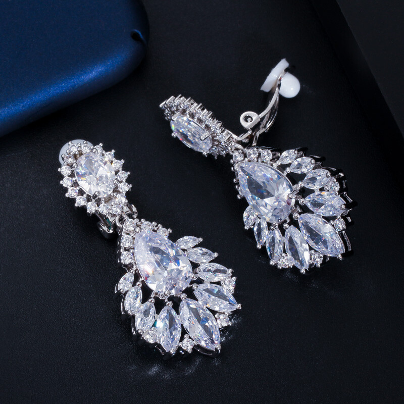 CWWZircons Gorgeous Dangle Drop Clip On Earrings CZ Women No Piercing Earring