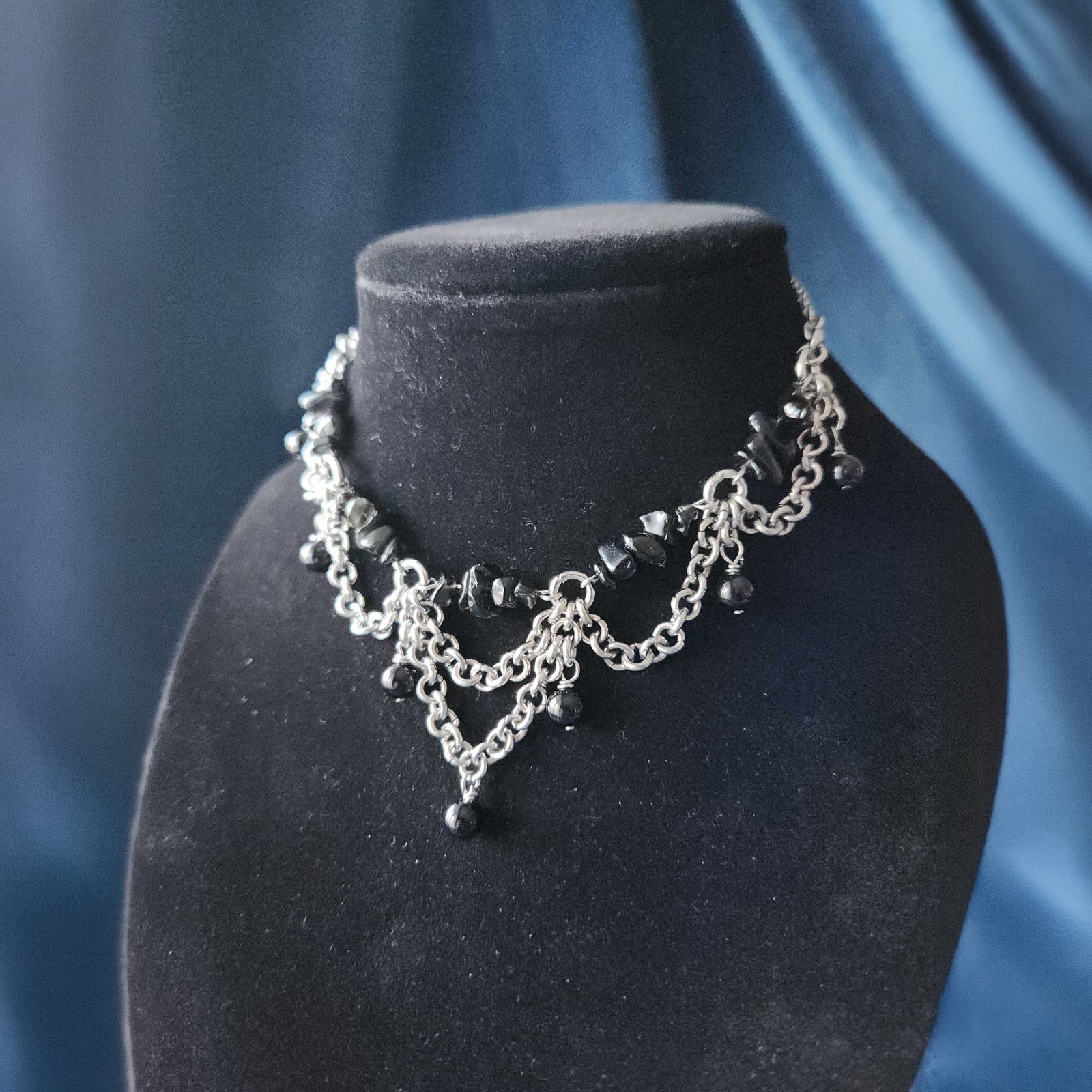 Vintage Victorian style black obsidian and stainless steel chandelier necklace
