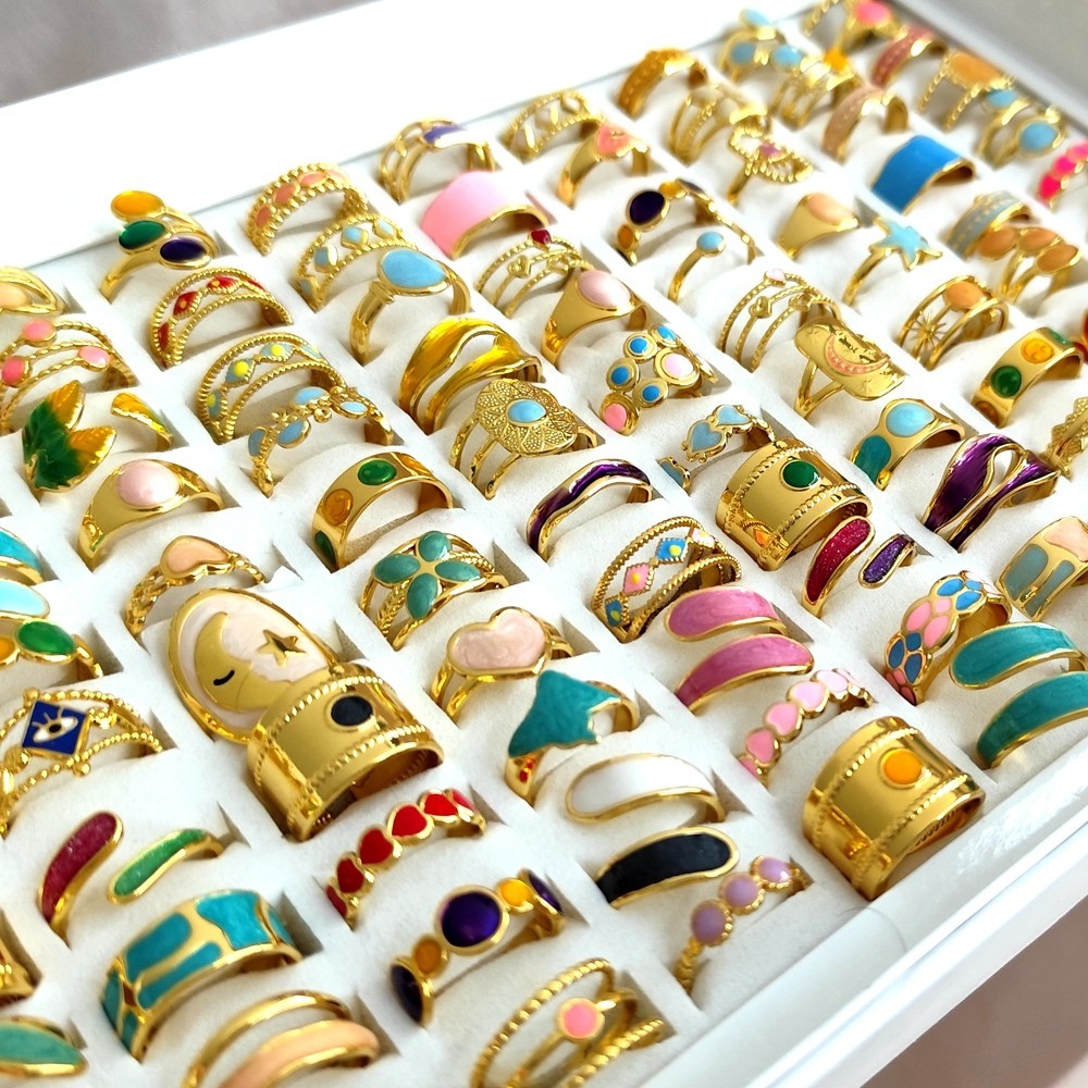 20Pcs Luxury Gold 316L Stainless Steel Color Enamel Wedding Party Ring Open-end