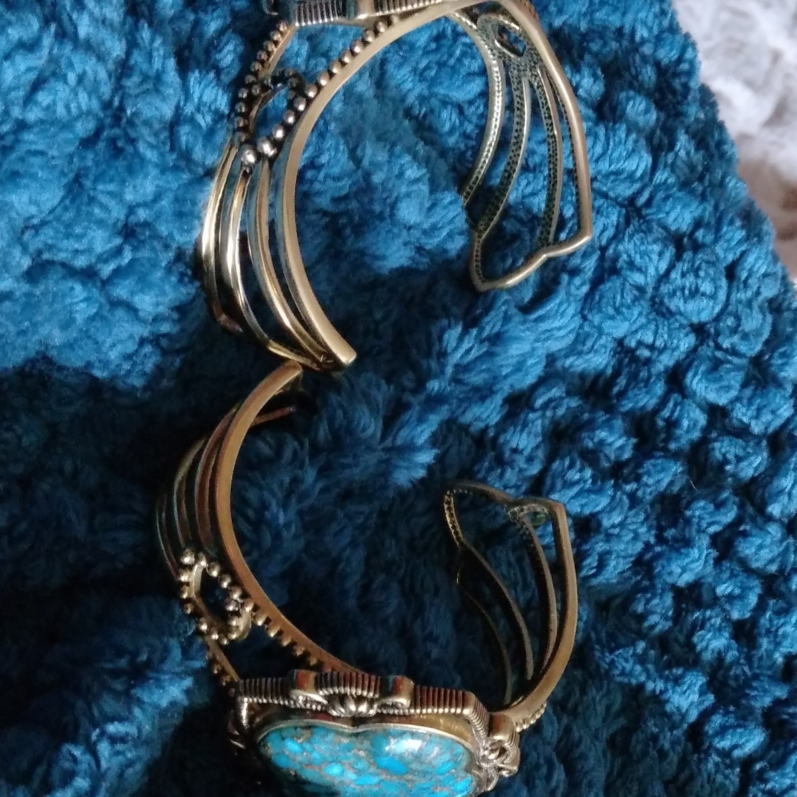 2 Barse Silver Tone Adj Cuff Bracelet w/ Blue Clover Turquoise & Orange Cuff