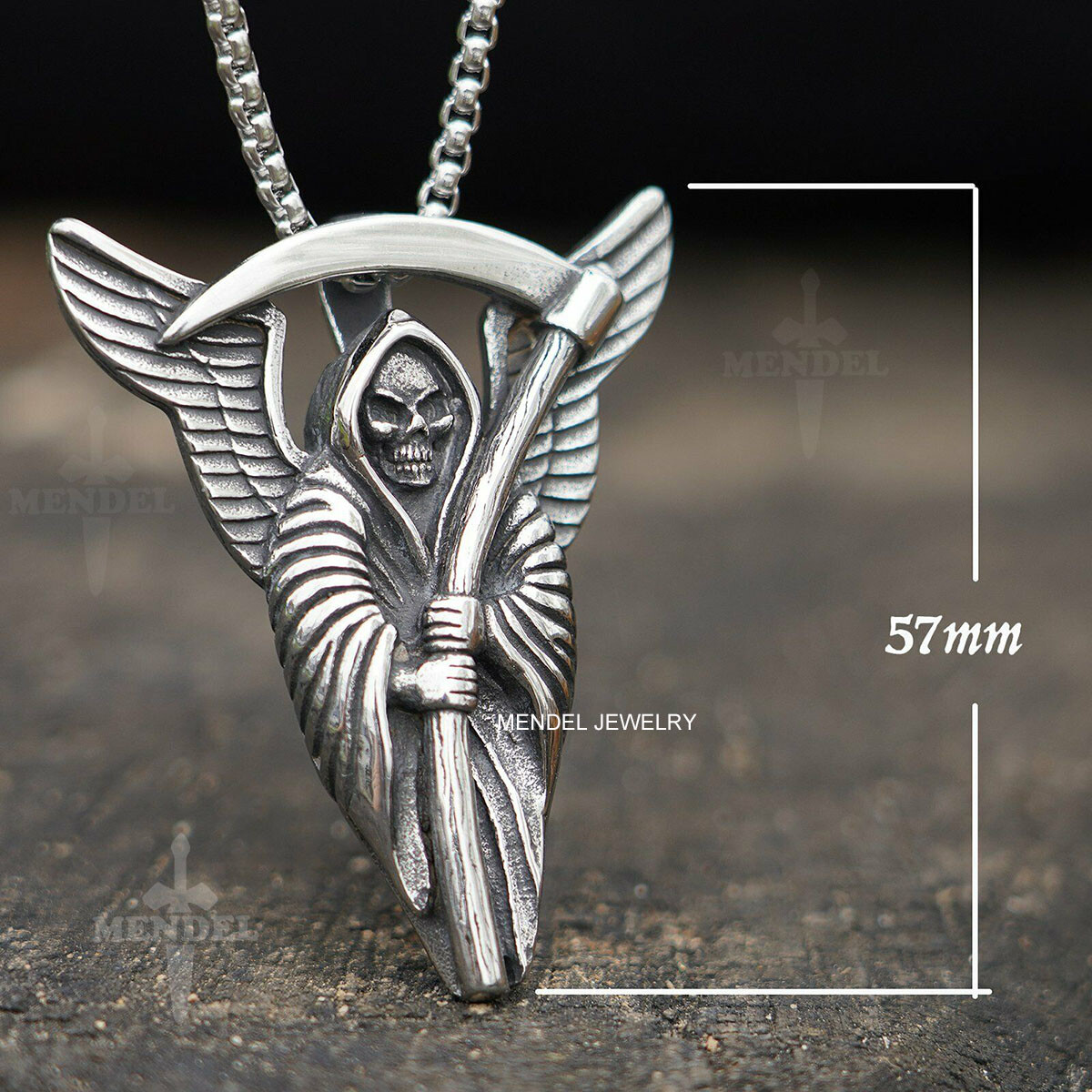 MENDEL Goth Mens Biker Skull Grim Reaper Death Pendant Necklace Stainless Steel