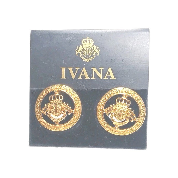 New Ivana Trump Gold Tone Round Coat Of Arms Clip Earrings
