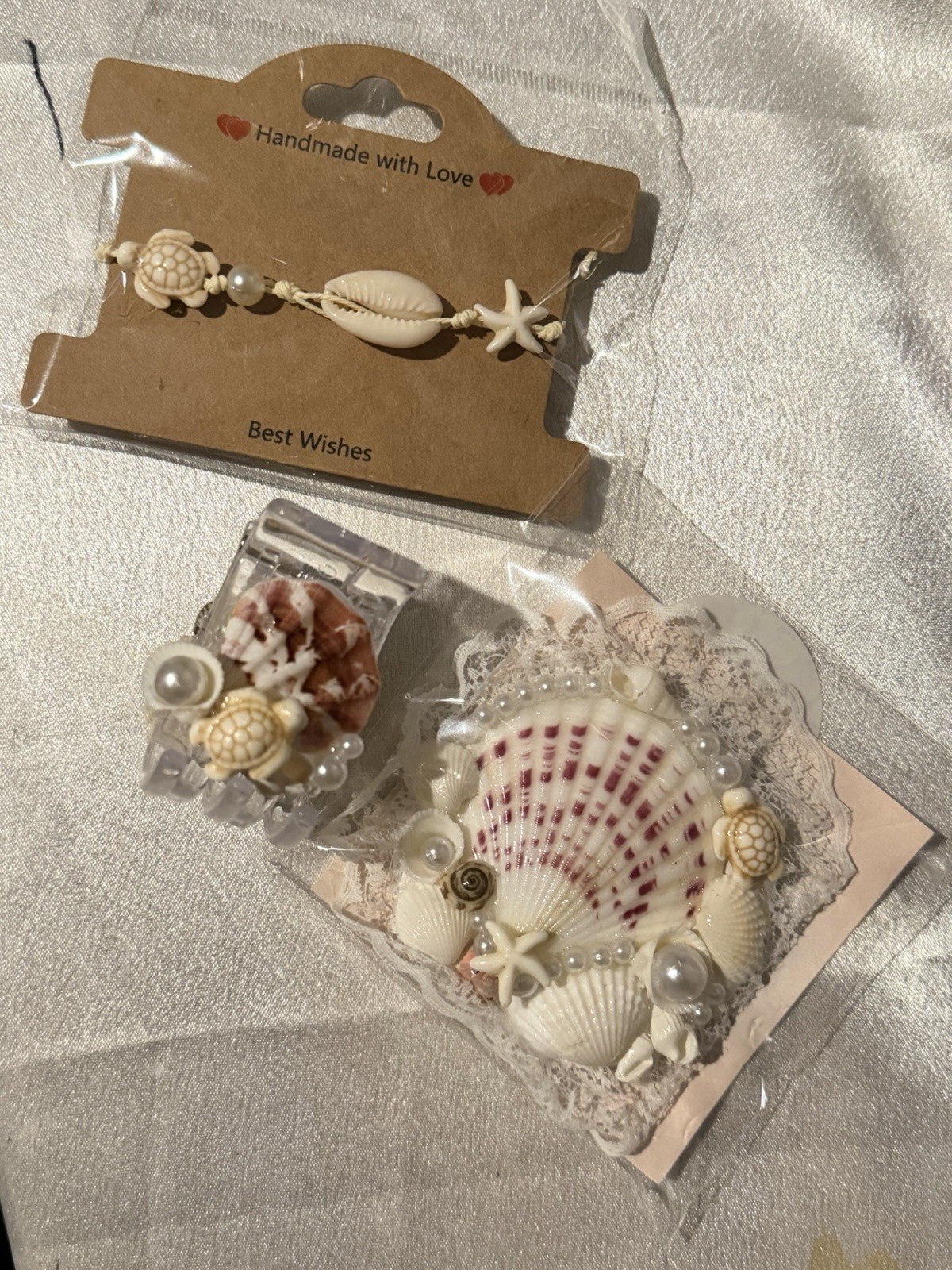 Set of 3 handmade bracelets + hair clip + mirror Little turtles 🐢 🐚