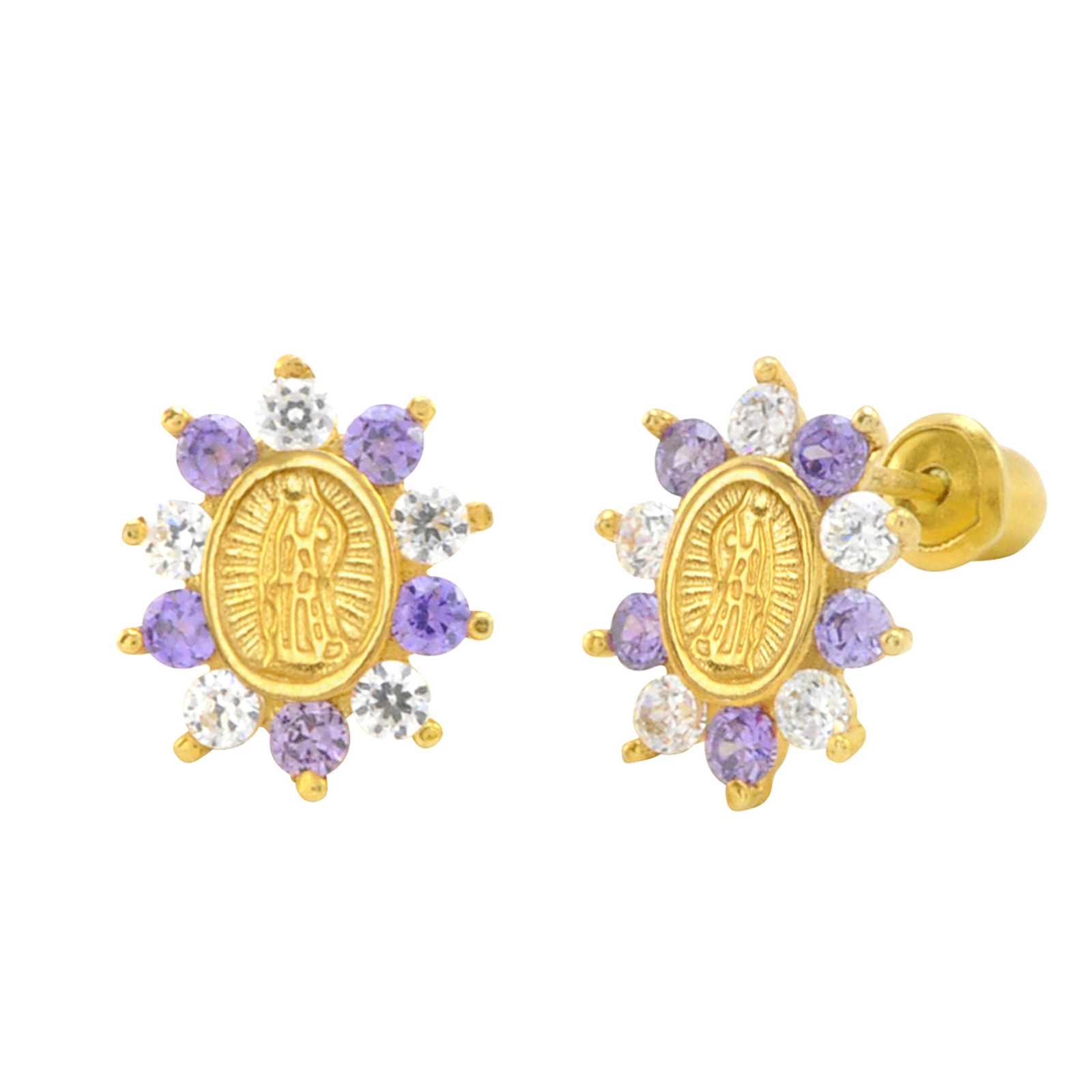 Sterling Silver Guadalupe Stud Earrings Purple Cubic Zirconia Gold Plated 10mm