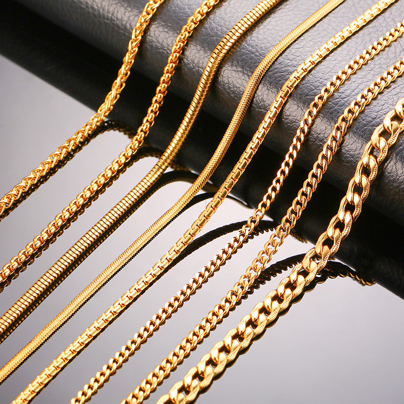 Gold Men Necklace Chain Snake Rolo Cable Curb Link Stainless Steel 24″ w/18K Tag
