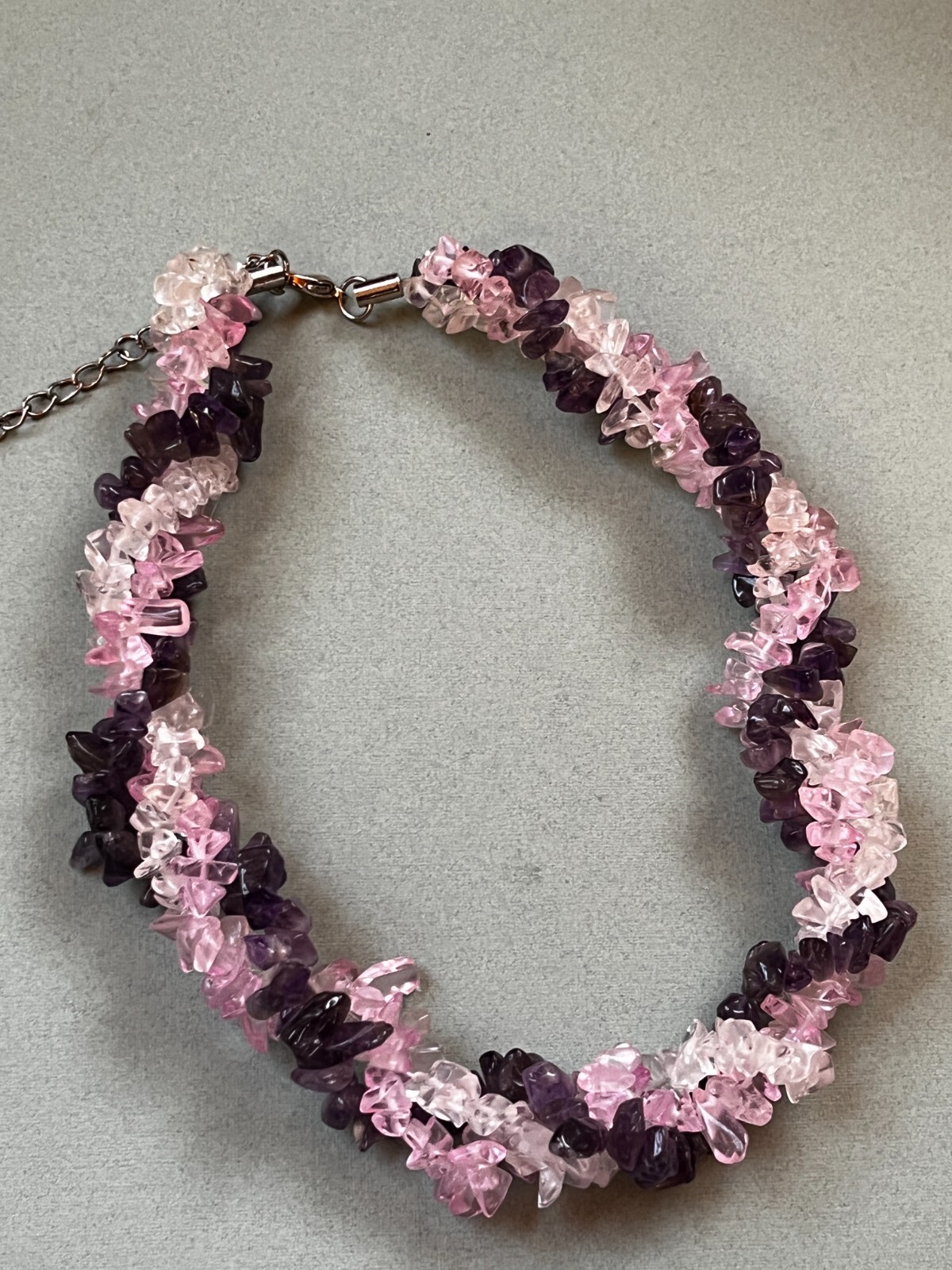 Purple White & Pink Plastic Nugget Twist Bead Choker Necklace – 13 inches long +