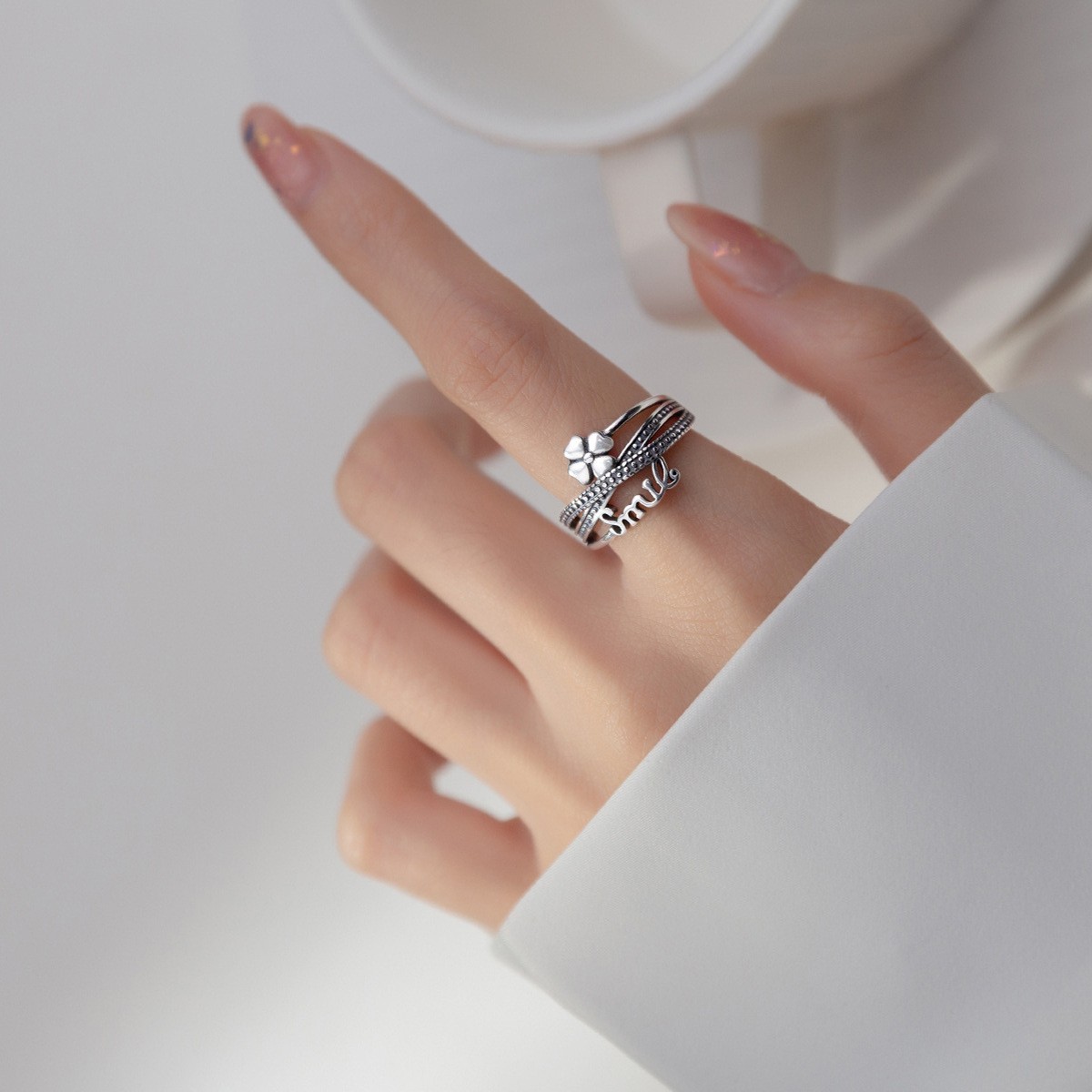 Lucky Four Leaf Clover Letter Cross Ring Women’s Fashionable Retro Open Ring