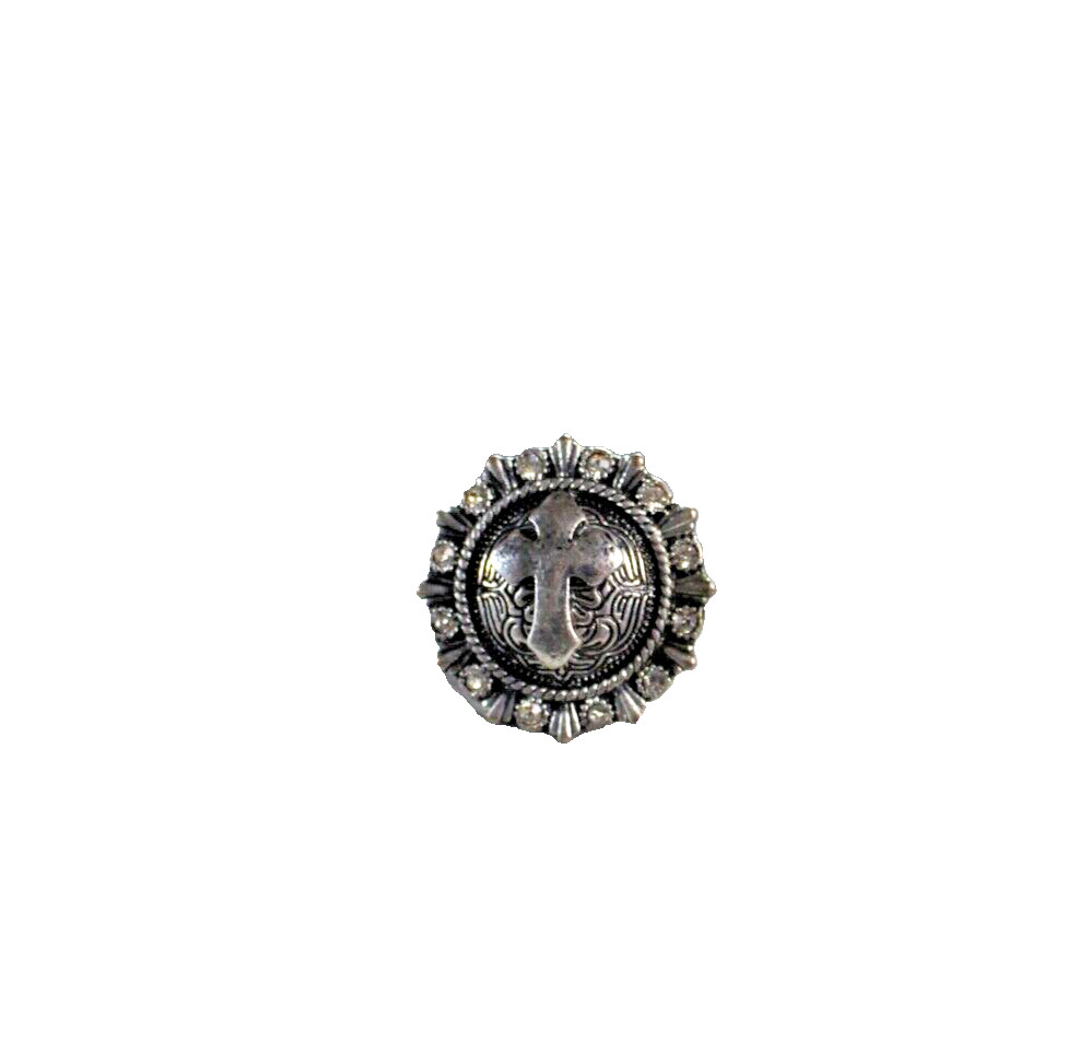 Western Womens Ring 1.25 in Cross Stretch Round Crystal Silver Cowgirl Rodeo