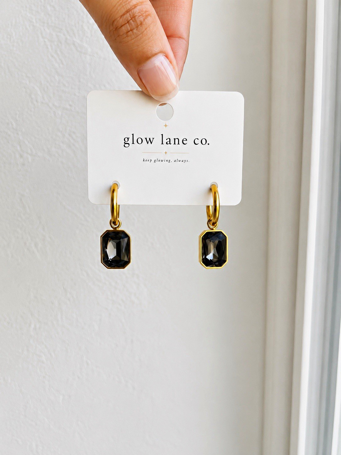 18K Gold Plated Stainless Steel Black Octagon Crystal Dangle Hoop Earrings
