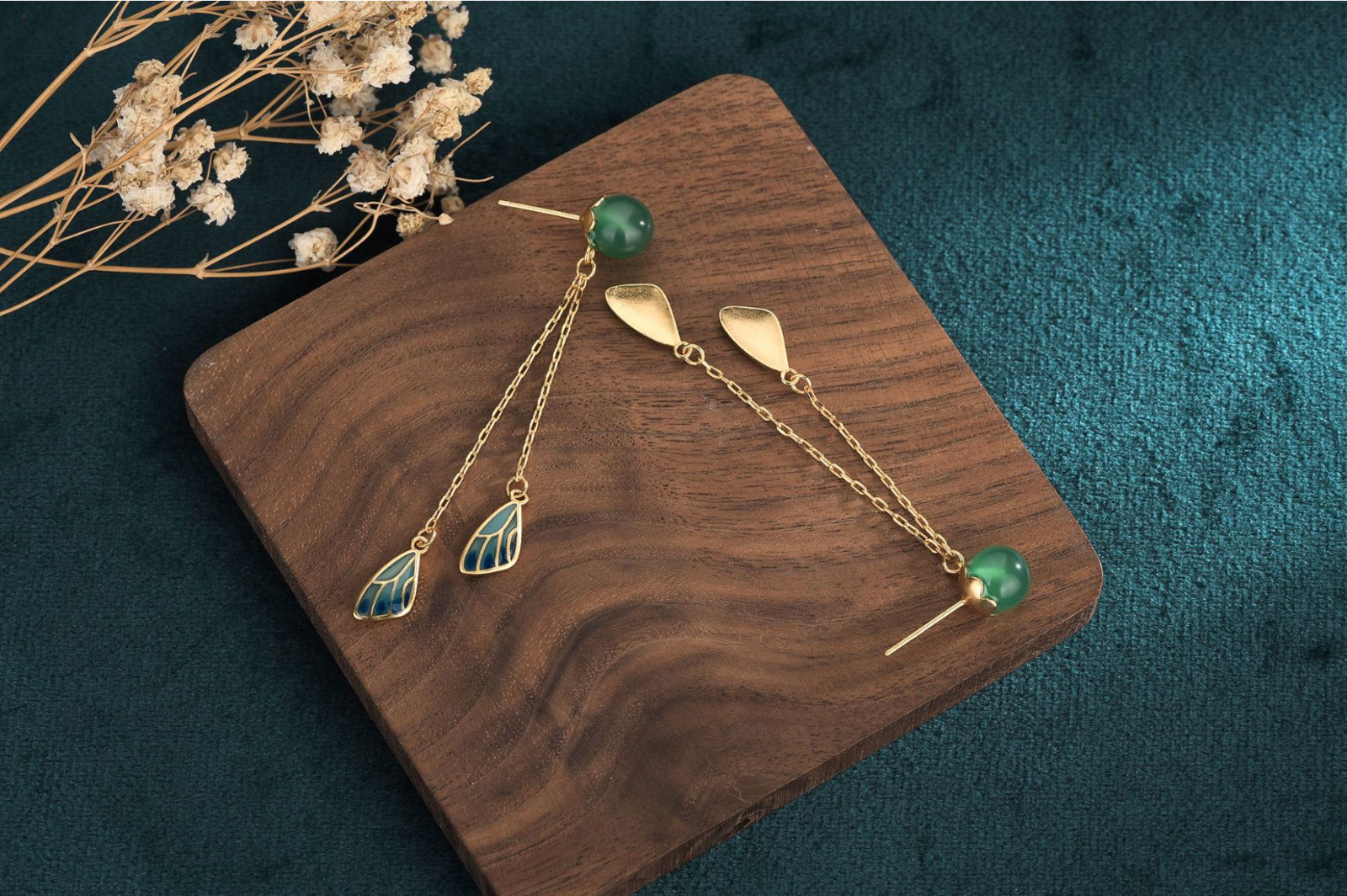 Jade Boho Drop Dangle Earrings Tassels Ear Stud 18K Gold Plated Wings Feather