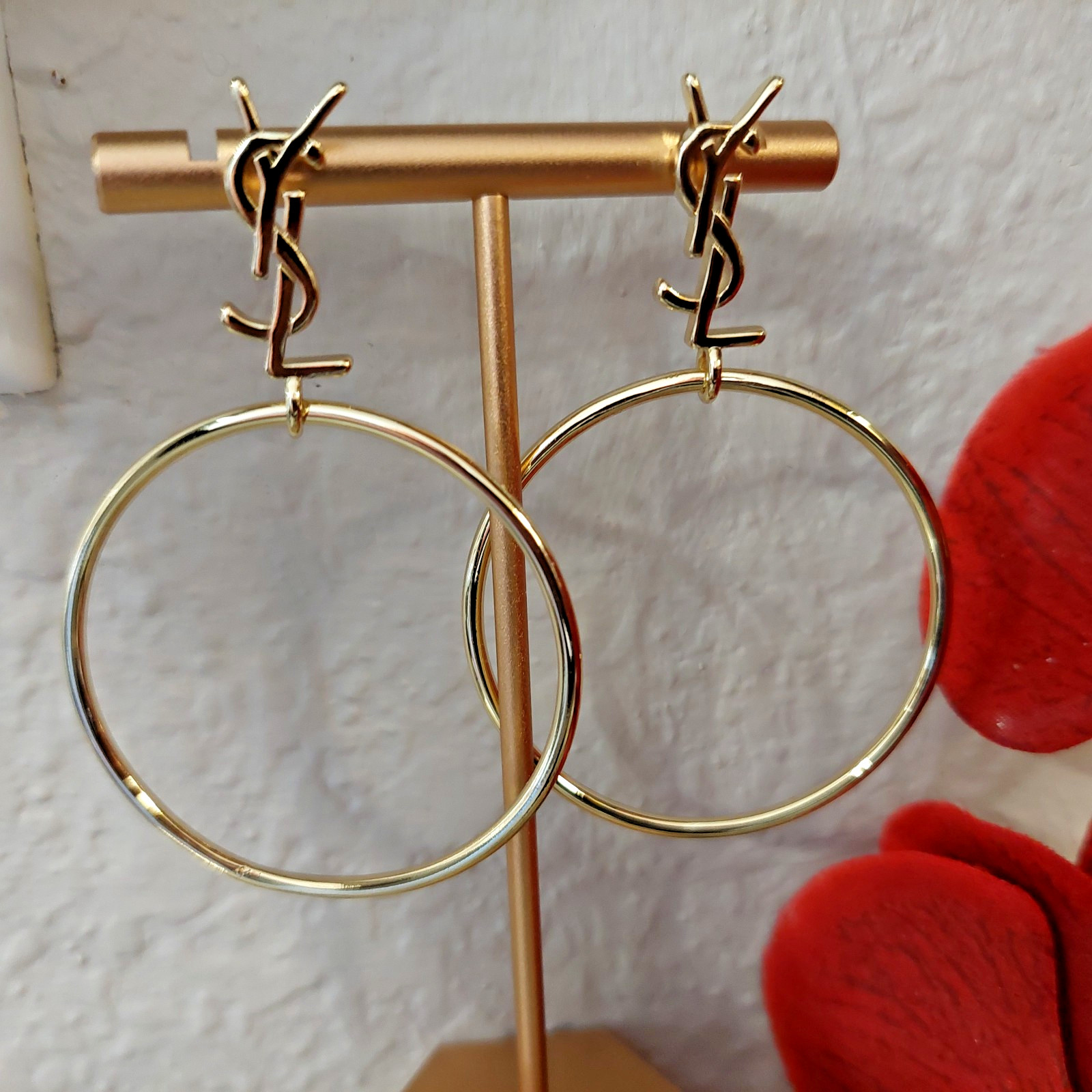 Auth. YVES SAINT LAURENT YSL Large Dangle HOOP EARRINGS Gold Logo