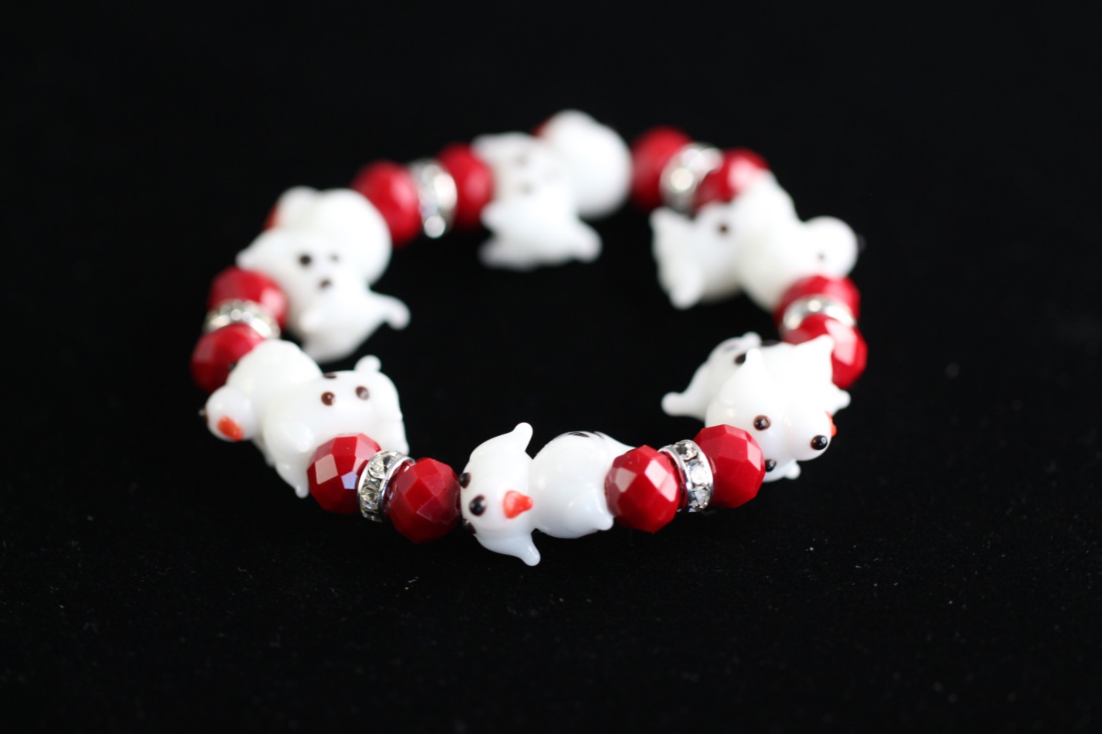 Dog Lampwork Bracelet 7″ Elastic Glass Beads Red Crystal White Polka Dot