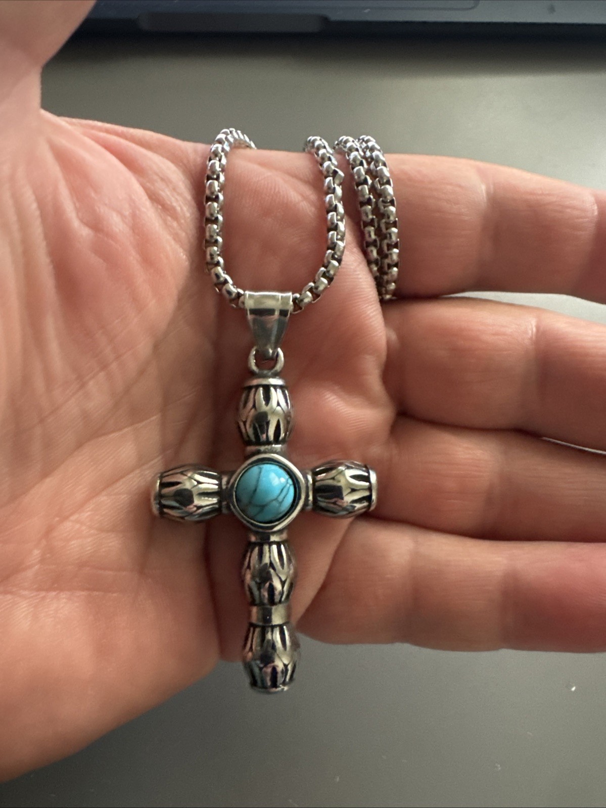 Three-dimensional Cross Pendant Dark Metal Tone Stainless Steel 24” Chain Viking