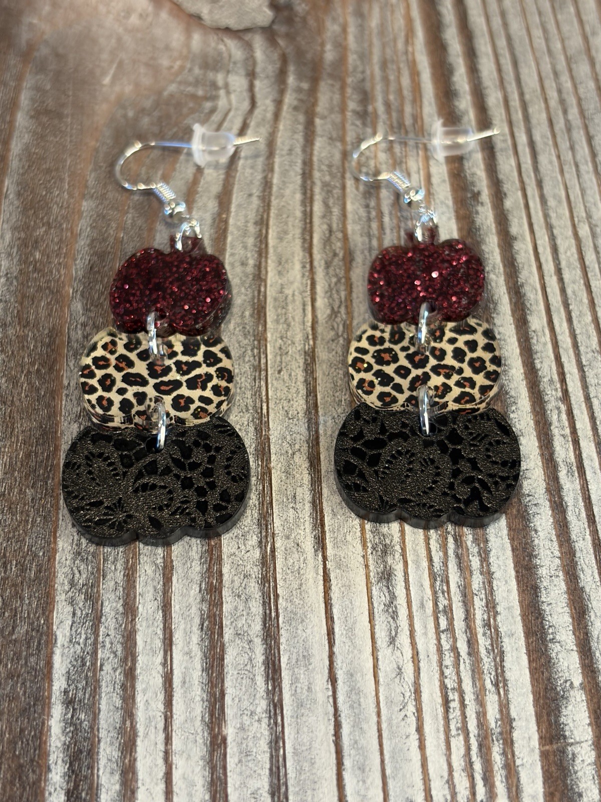 Handmade Fall Leopard And Lace Print Stacked Pumpkin Acrylic Earrings