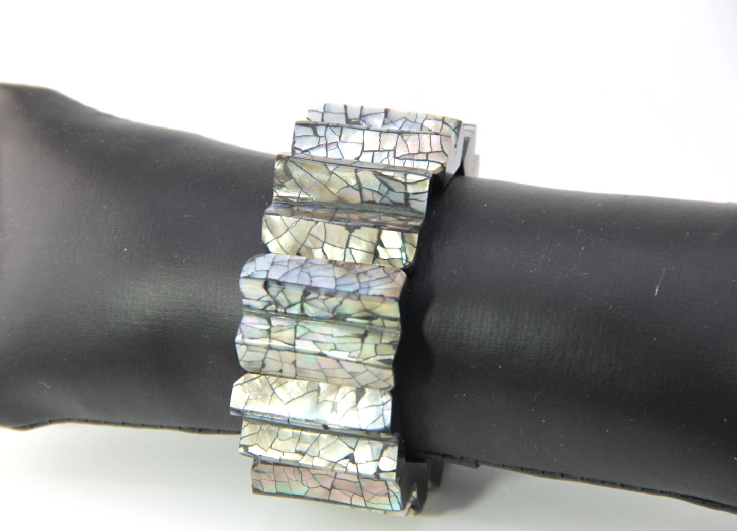 Abalon Mosaic Shell on Black Zig-Zag Shaped Resin Base Stretch Bracelet