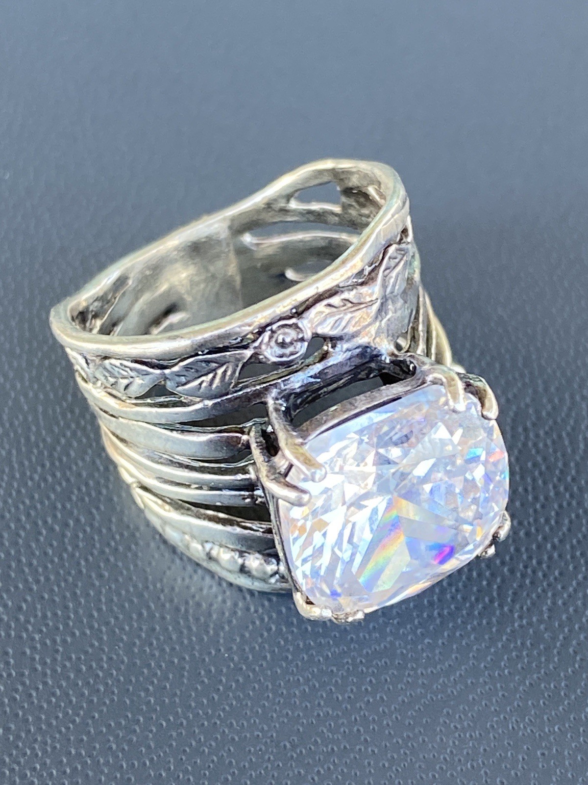 💎 Jean Rachel Israel 925 Sterling Silver Wide Wrap CZ Floral Statement Ring 6.5