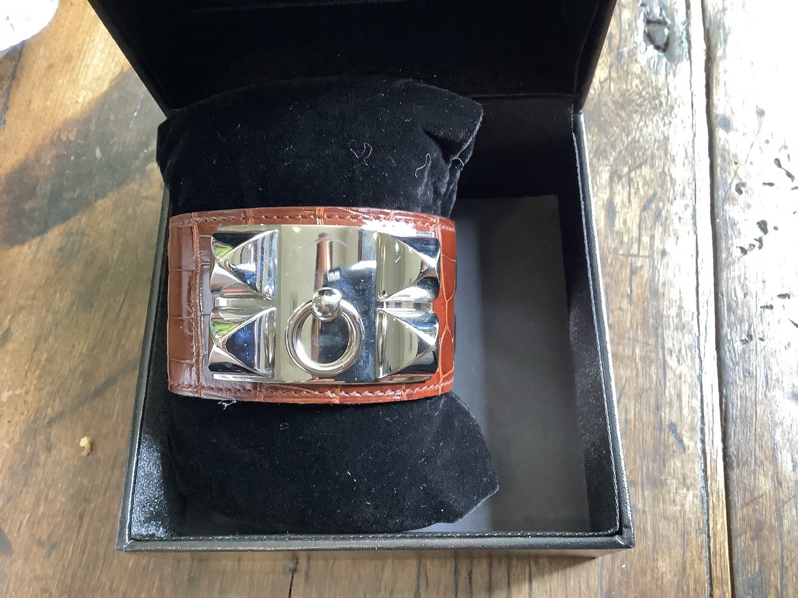 Hermes Silver Brown Leather Alligator Collier De Chien Adjustable Bracelet