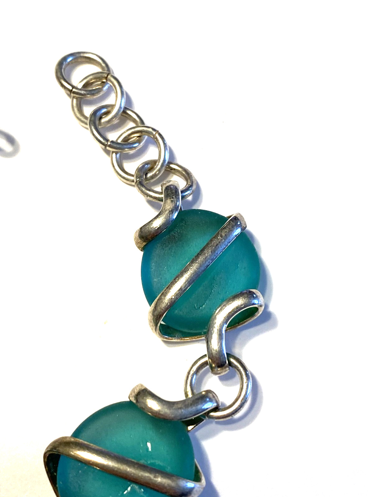 Bracelet Silver Tone Linked Wrapped Green Glass Hook Clasp