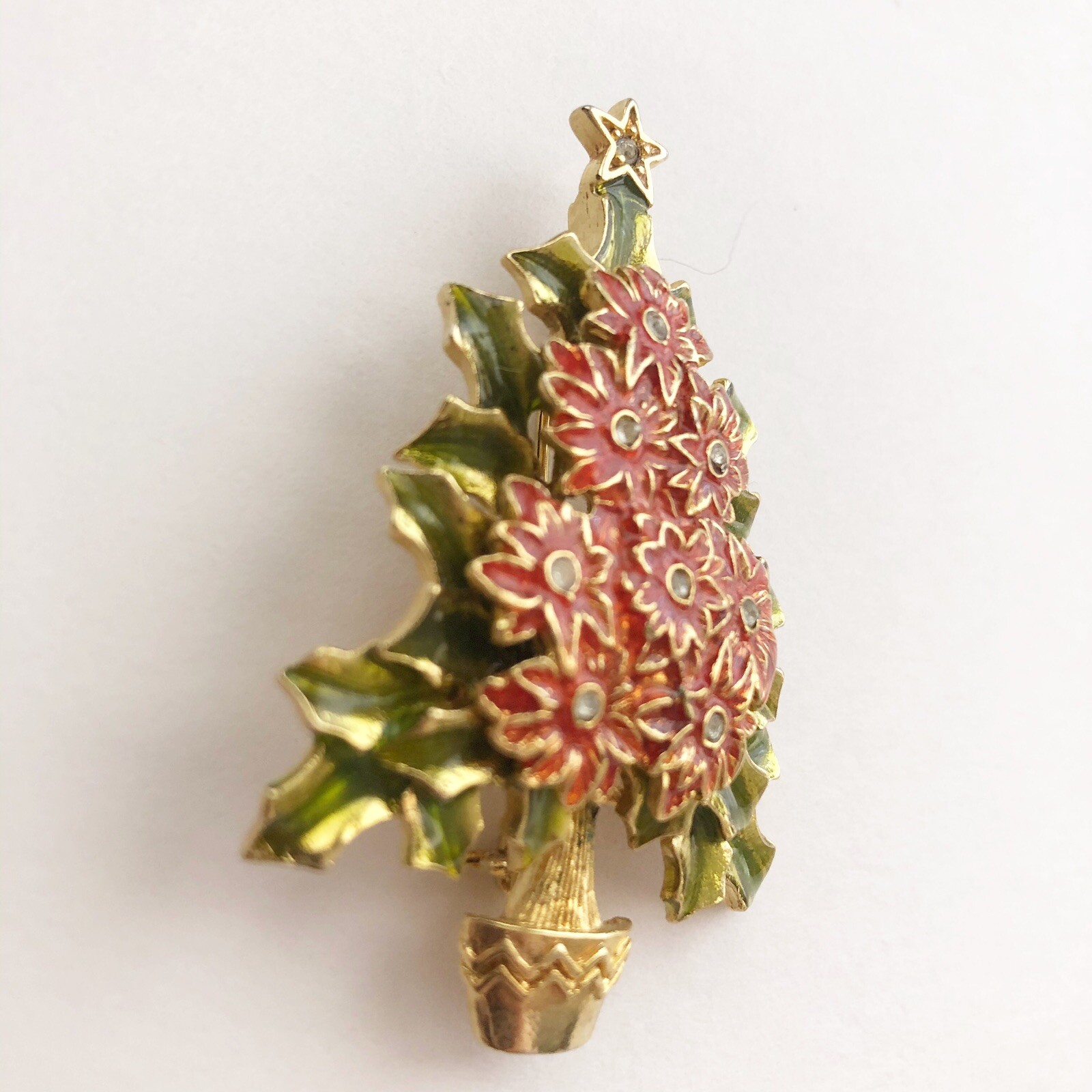 Christopher Radko Enamel Rhinestone Poinsettia Christmas Tree Brooch Pin Vintage