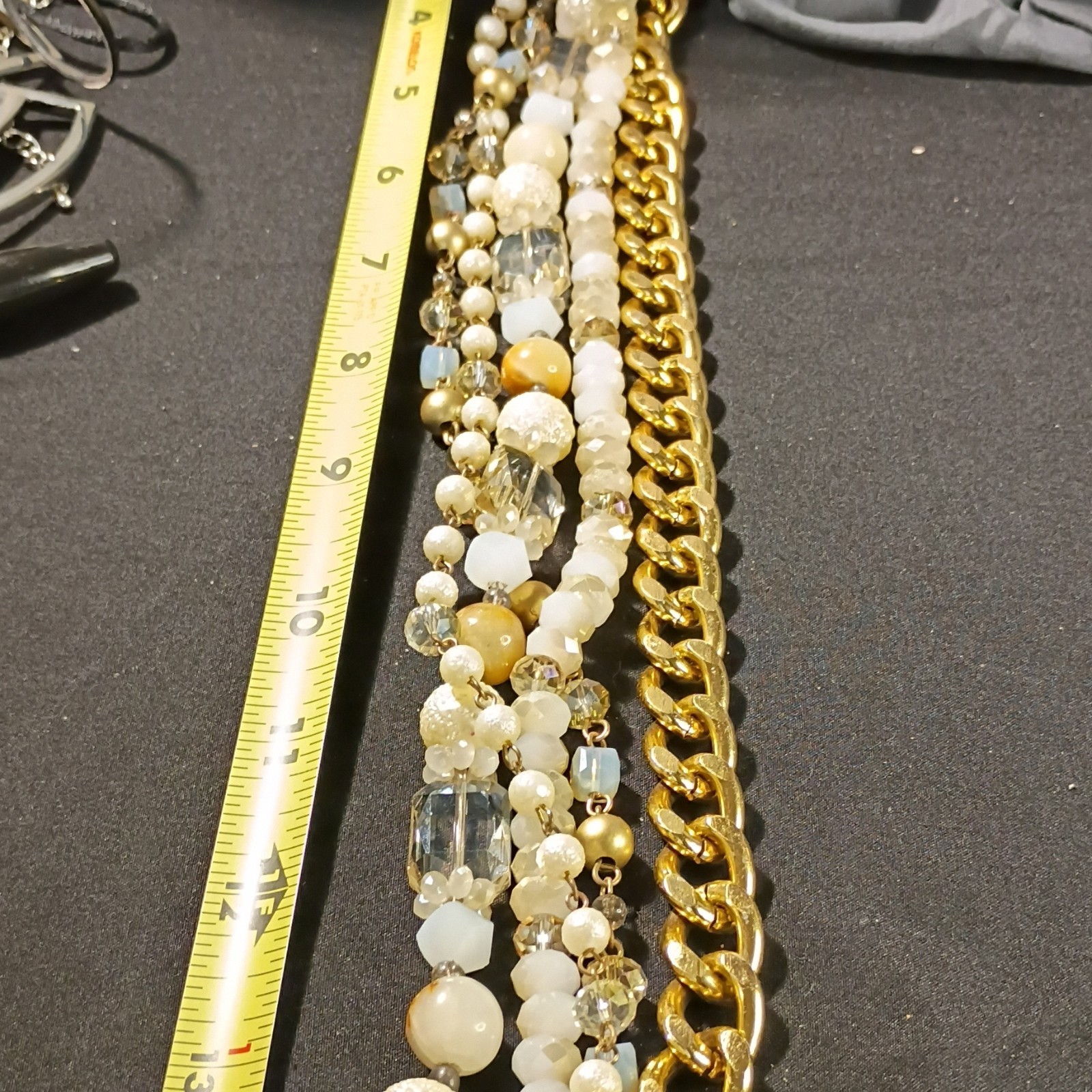Gold Tone Layered Beaded Necklace Oval Link Chain White Acrylic Toggle 18in