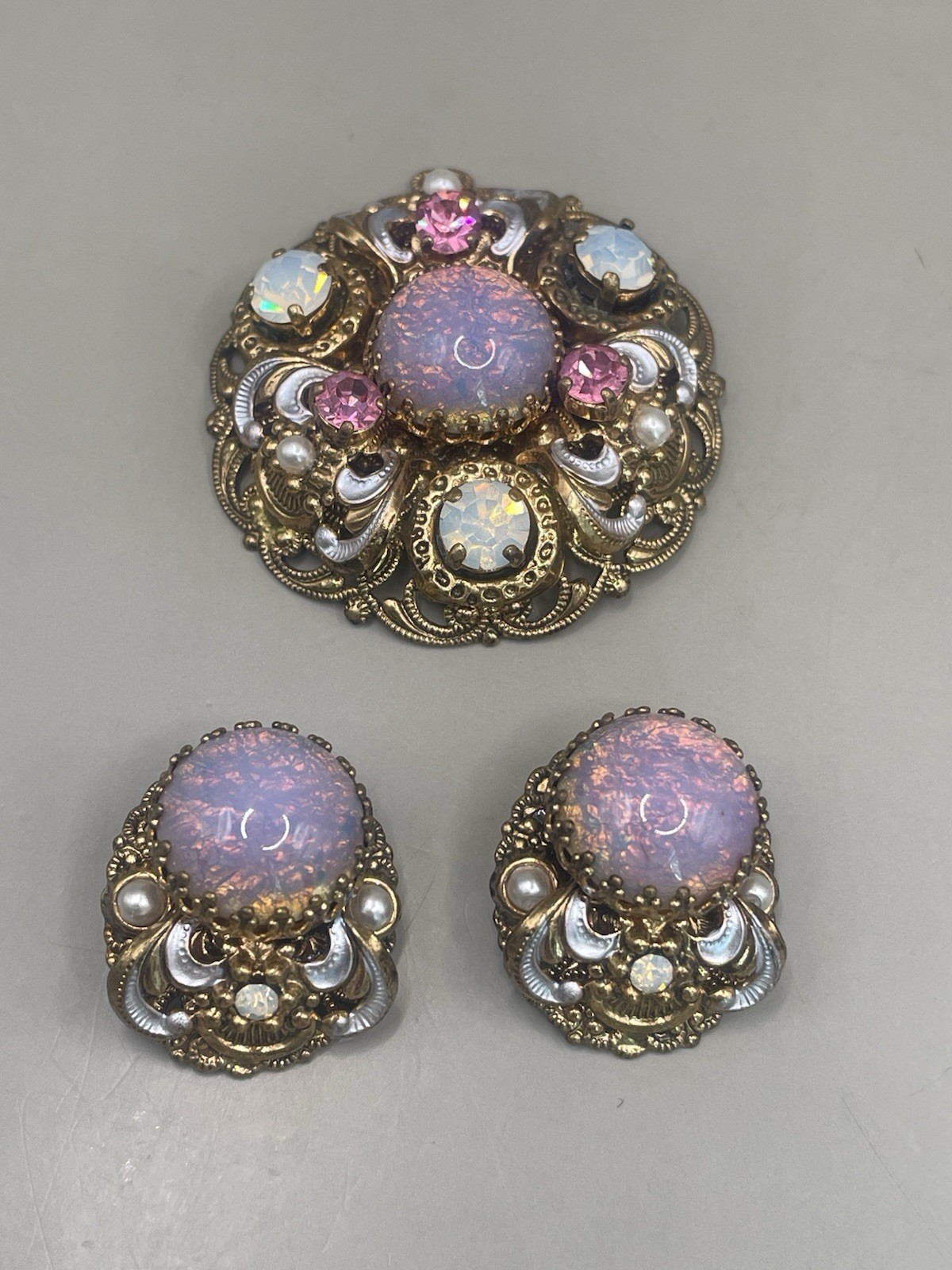 Vintage WEST GERMANY Glass Rhinestones Faux Pearls Filigree Pendant Earrings Set