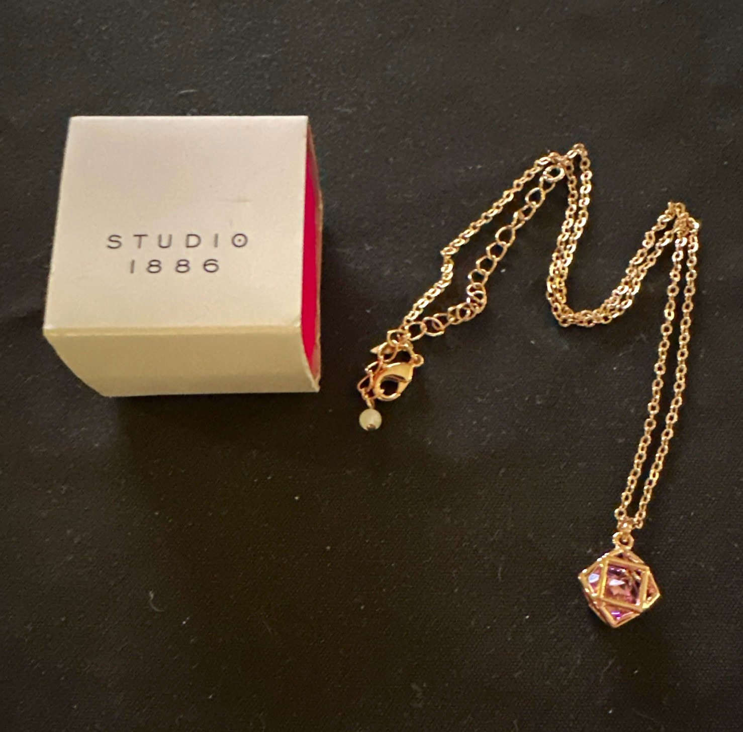 Avon Studio 1886 Gold Tone Cable Chain Pink Crystal Charm Pendant Necklace