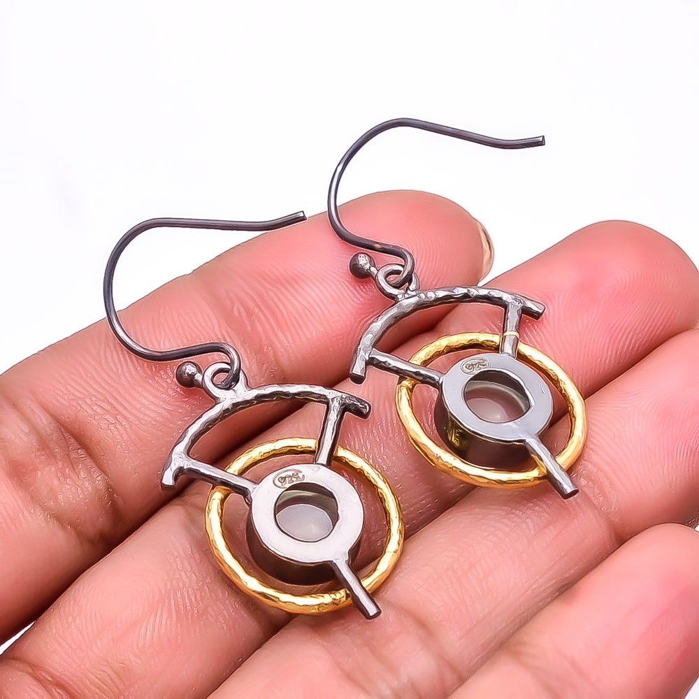 Pink Rose Quartz 925 Silver Handmade Black & Gold Plated Earring 1.64″ E49